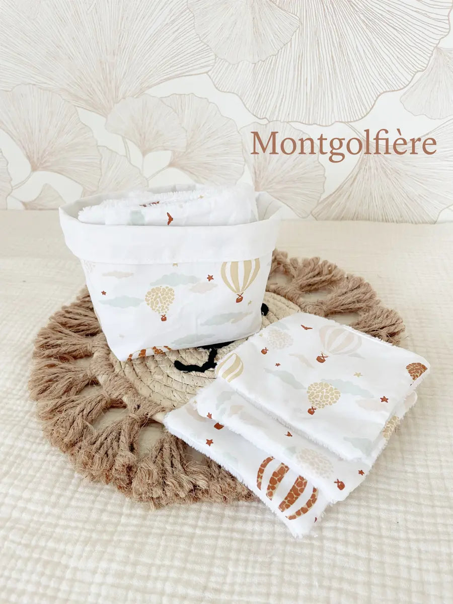 Ensemble assorti : les 10 lingettes bébé et la panière - Montgolfière