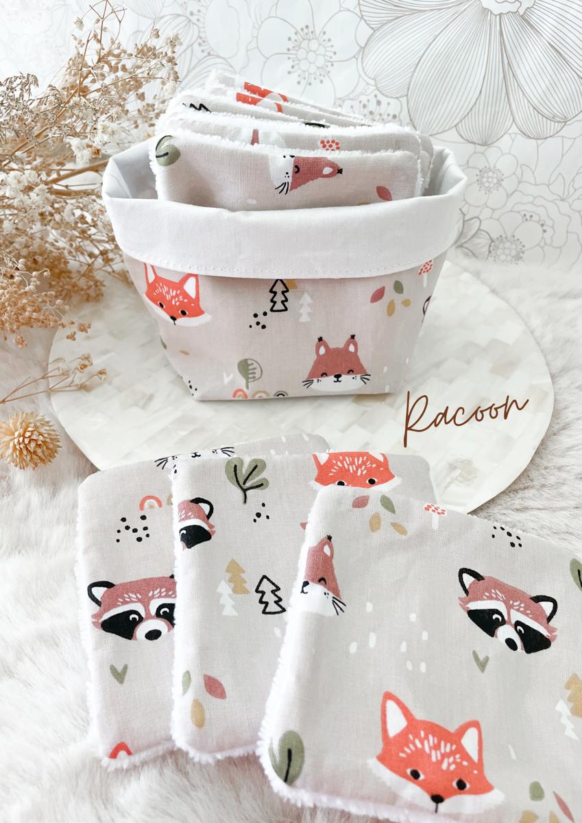 Ensemble assorti : les 10 lingettes bébé et la panière - Racoon