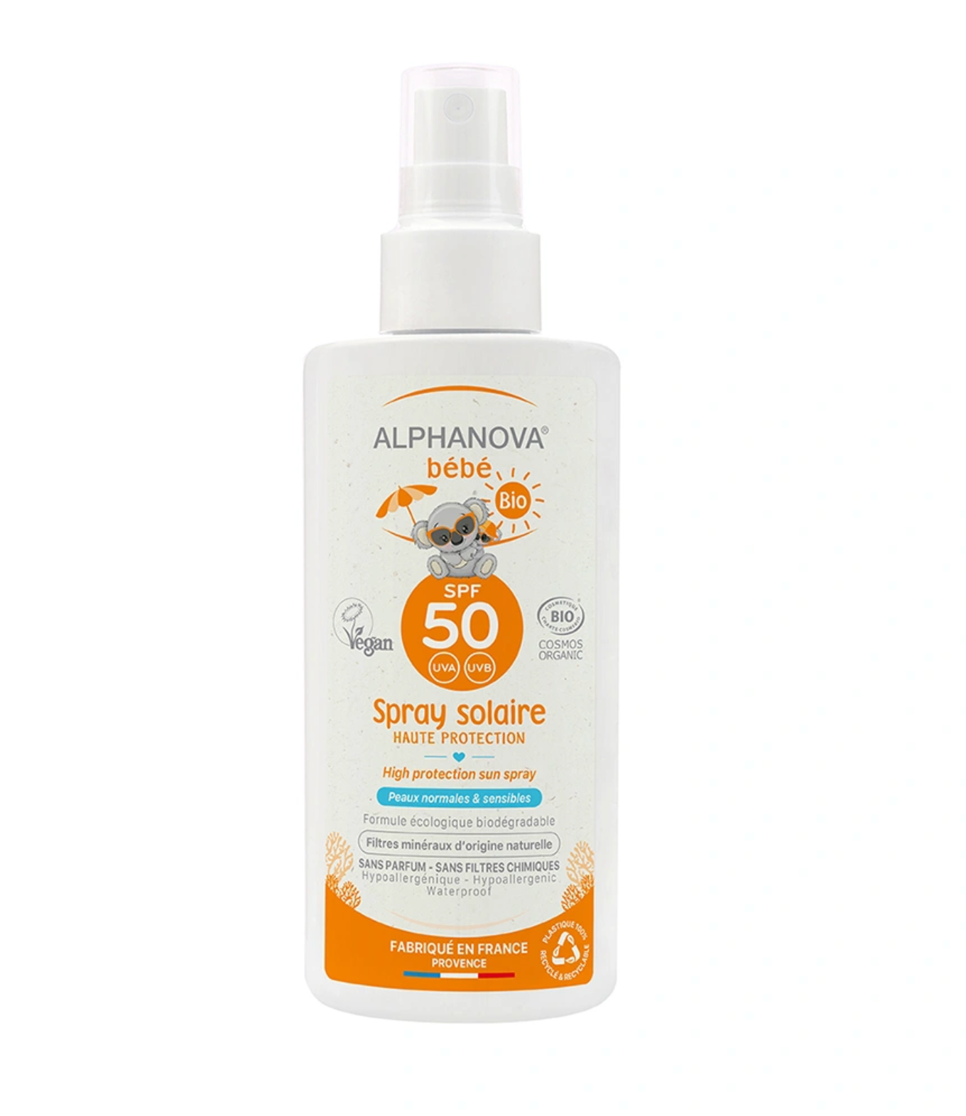 Spray solaire certifiée bio SPF 50 hypoallergénique pour bébé - Alphanova