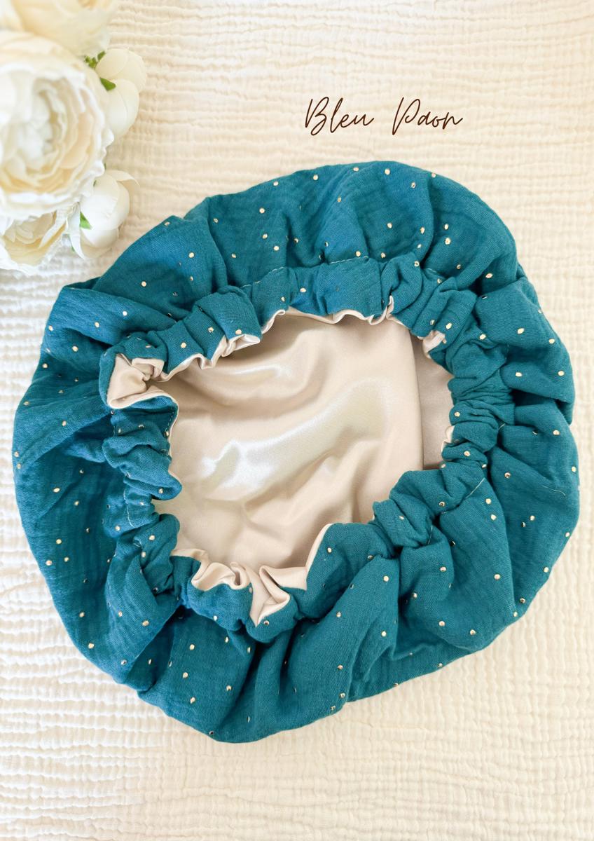 Bonnet de soin en satin - Bleu paon