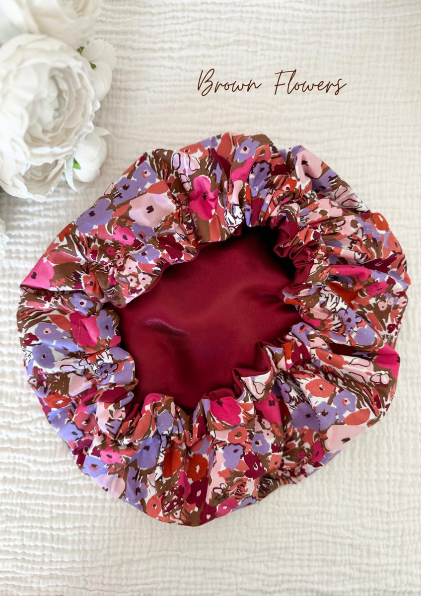 Bonnet de soin en satin - Brown flowers
