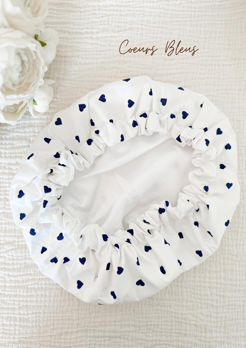 Bonnet de soin en satin - Coeurs bleus