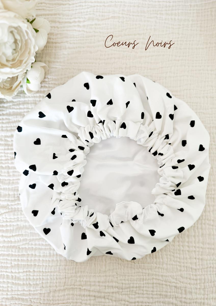 Bonnet de soin en satin - Coeurs noirs