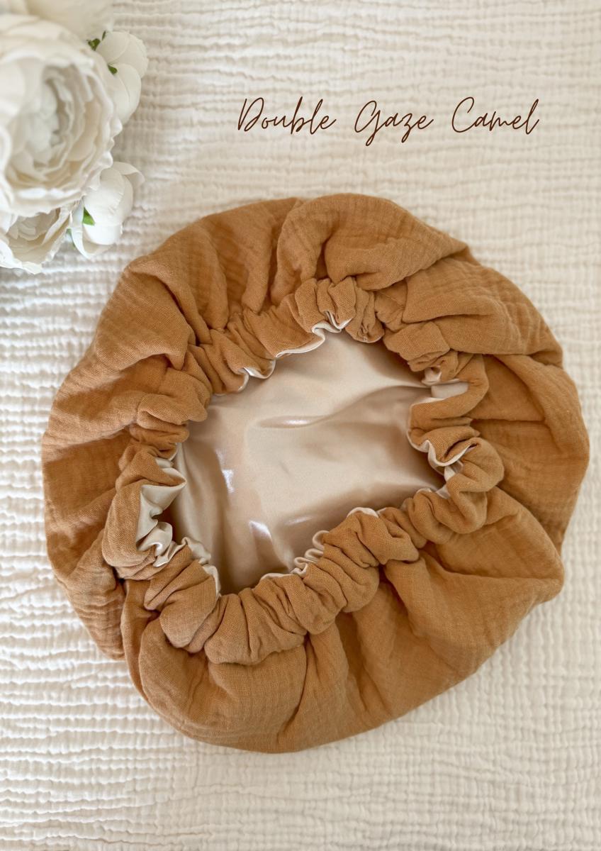 Bonnet de soin en satin - Double gaze camel