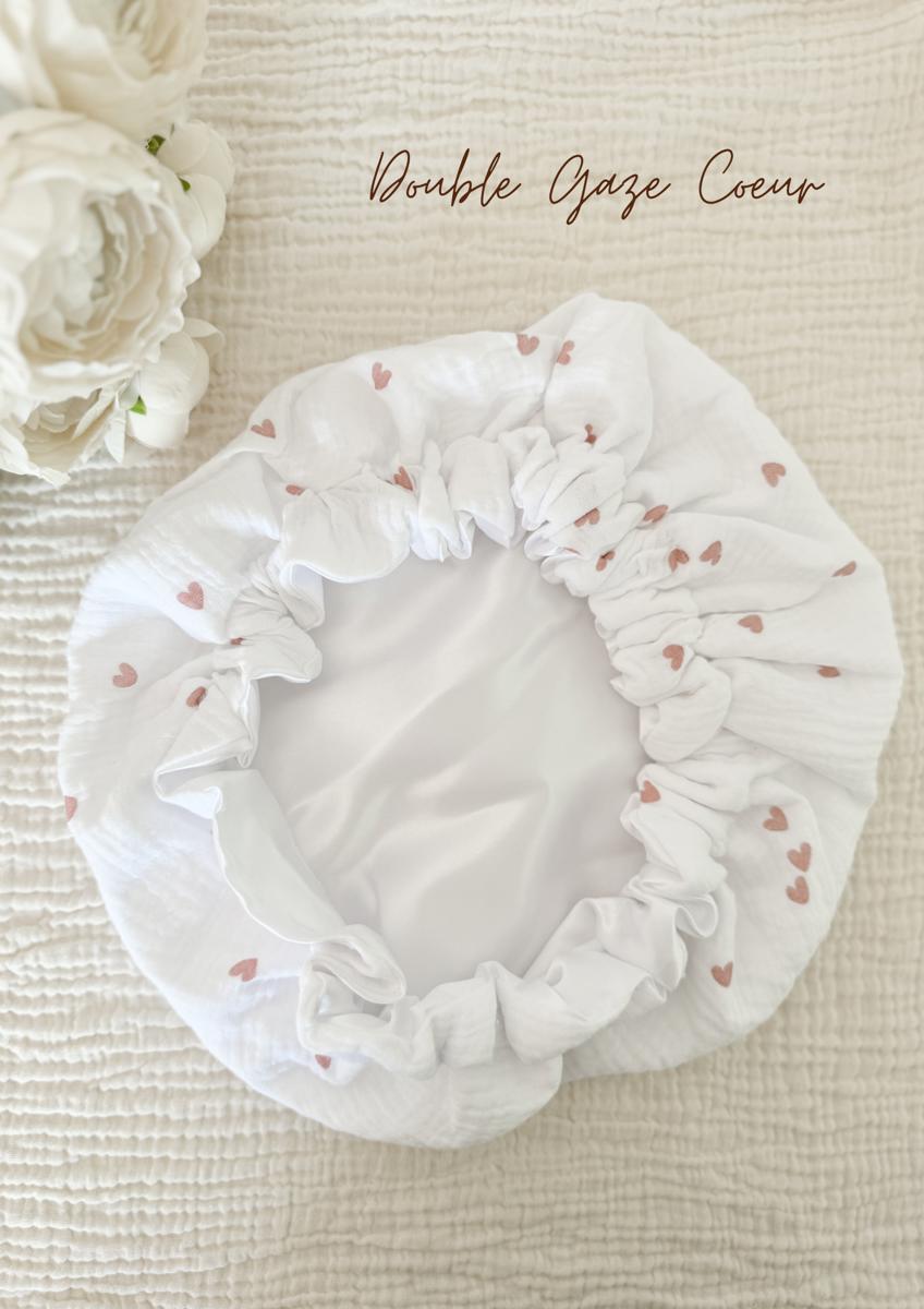 Bonnet de soin en satin - Double gaze coeur