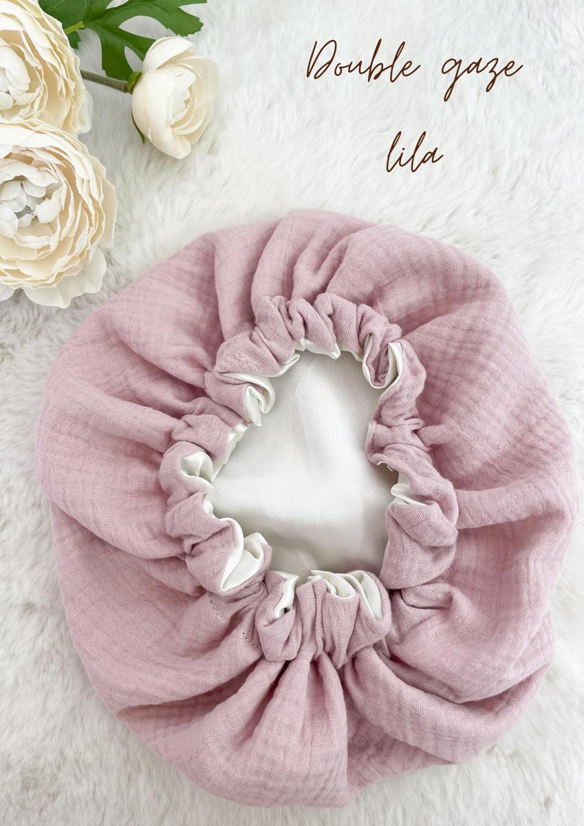 Bonnet de soin en satin - Double gaze Lila