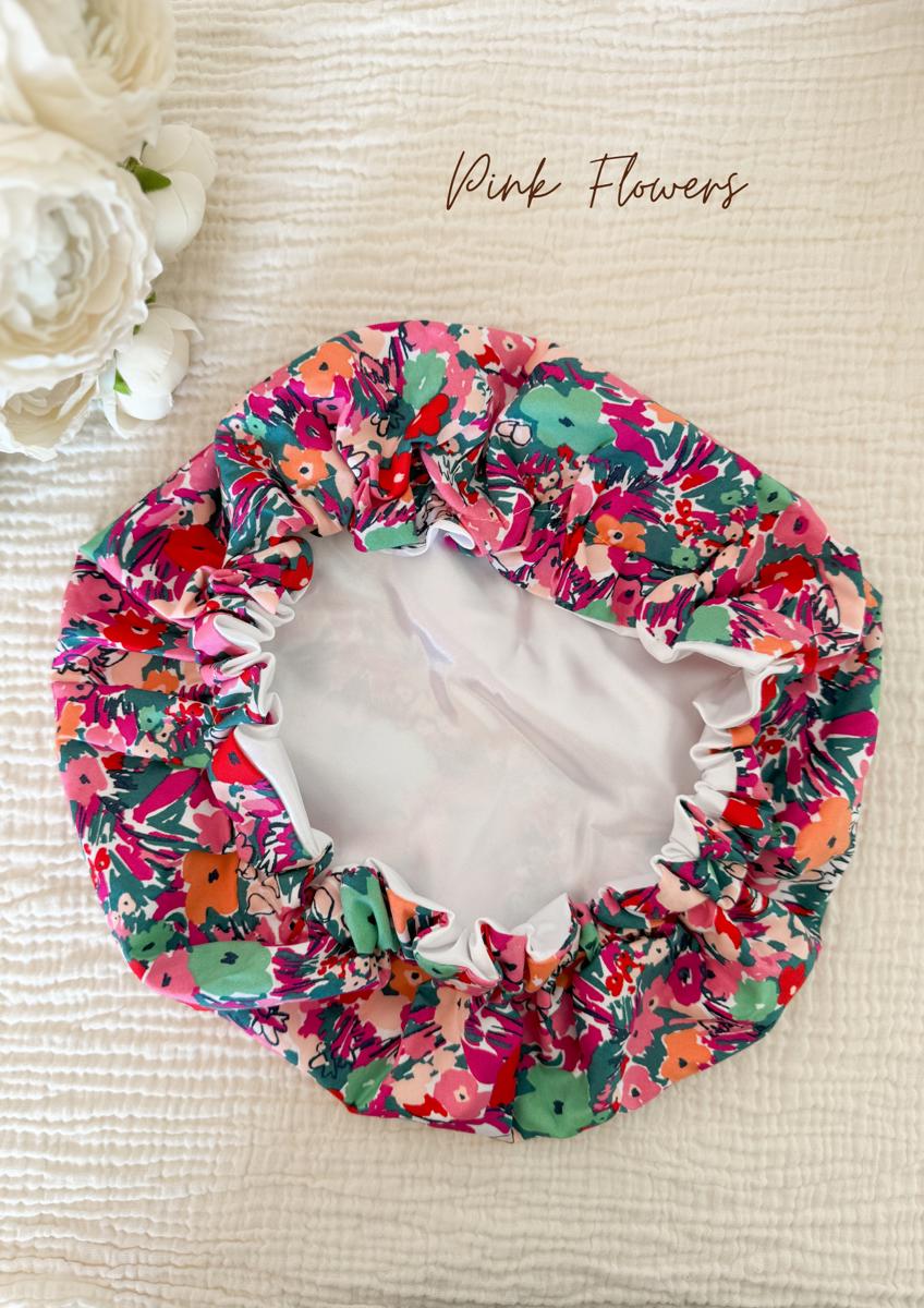 Bonnet de soin en satin - Pink flowers