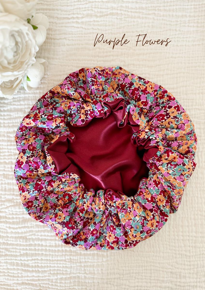 Bonnet de soin en satin - Purple flowers