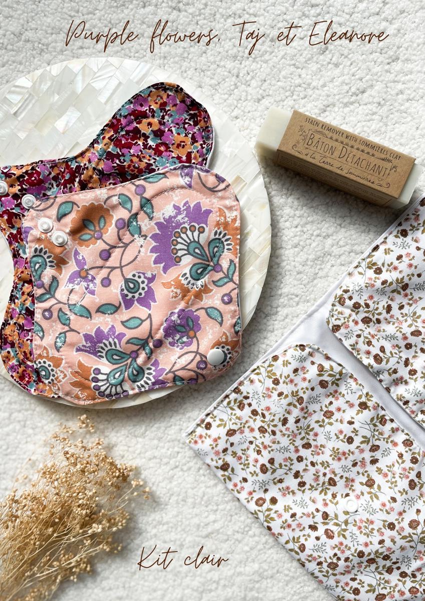 Coffret mon kit menstruel - Kit clair : Purple Flowers , Taj et Eleanore