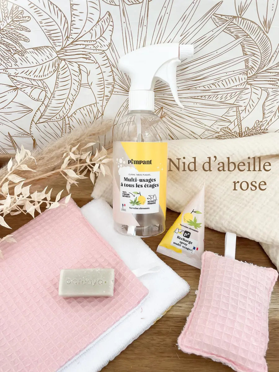 Coffret « mon ménage zéro déchet » - Nid d’abeille rose