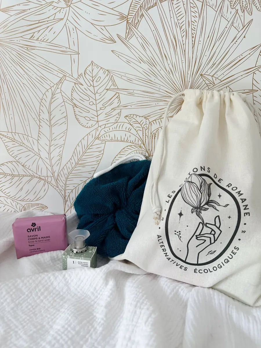 Coffret "ma douche zéro déchet" - Fleur de douche bleu paon et savon à la figue