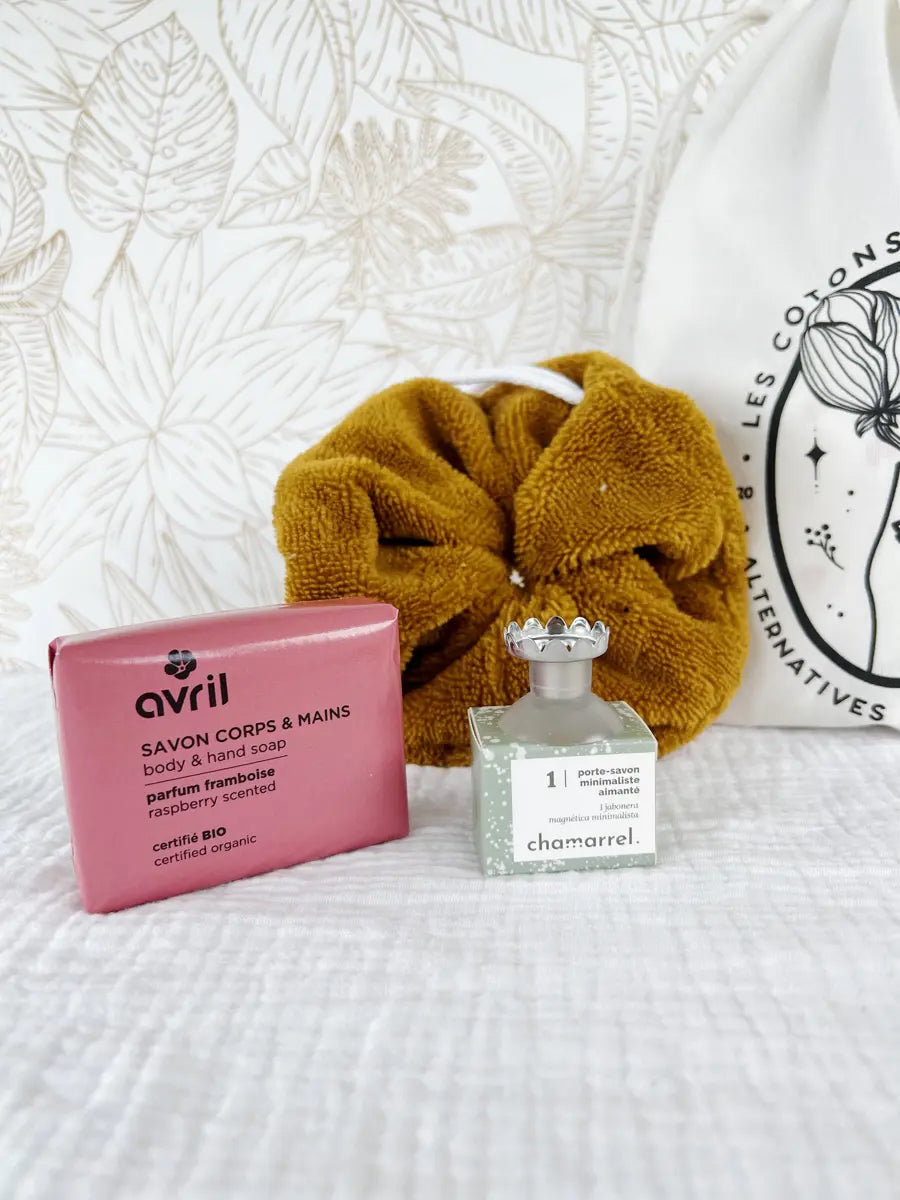 Coffret "ma douche zéro déchet" - Fleur de douche camel et savon framboise