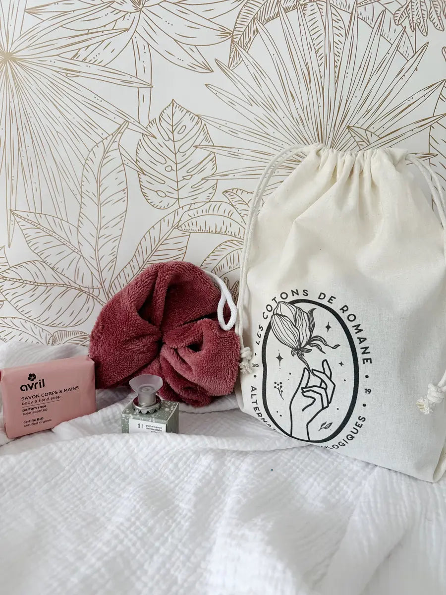 Coffret "ma douche zéro déchet" - Fleur de douche vieux rose et savon à la rose