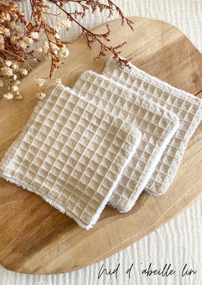 Coton lavable en éponge bambou - Nid d'abeille lin