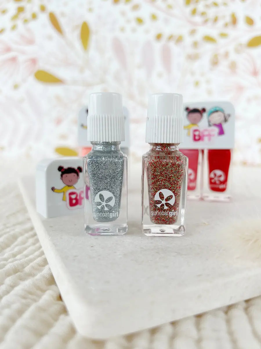 Duo de vernis à ongles - Suncoat Girl - Glimmer glam ( transparent à paillette doré et rouge + gris pailleté )