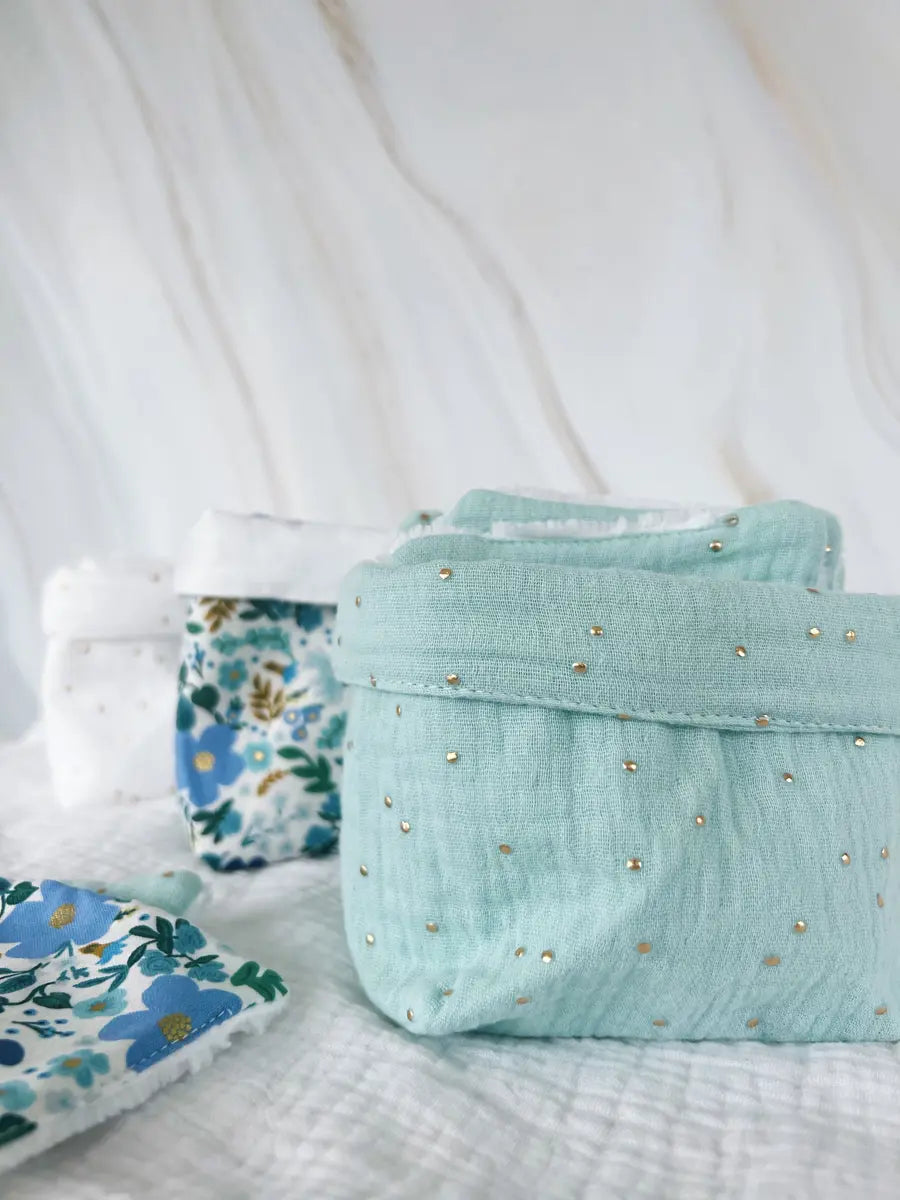 Ensemble assorti (double gaze) : la panière et ses 10 cotons - 1