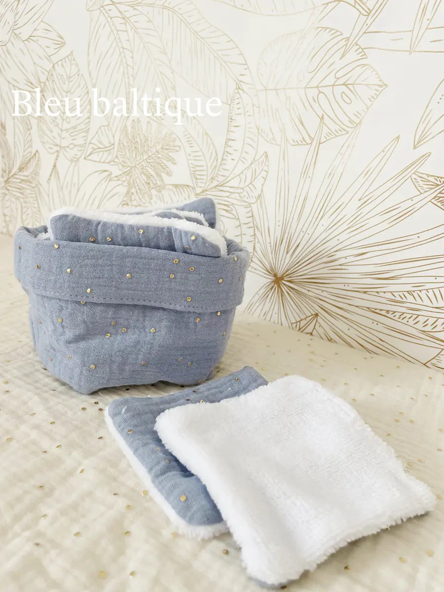 Ensemble assorti (double gaze) : la panière et ses 10 cotons - Bleu baltique