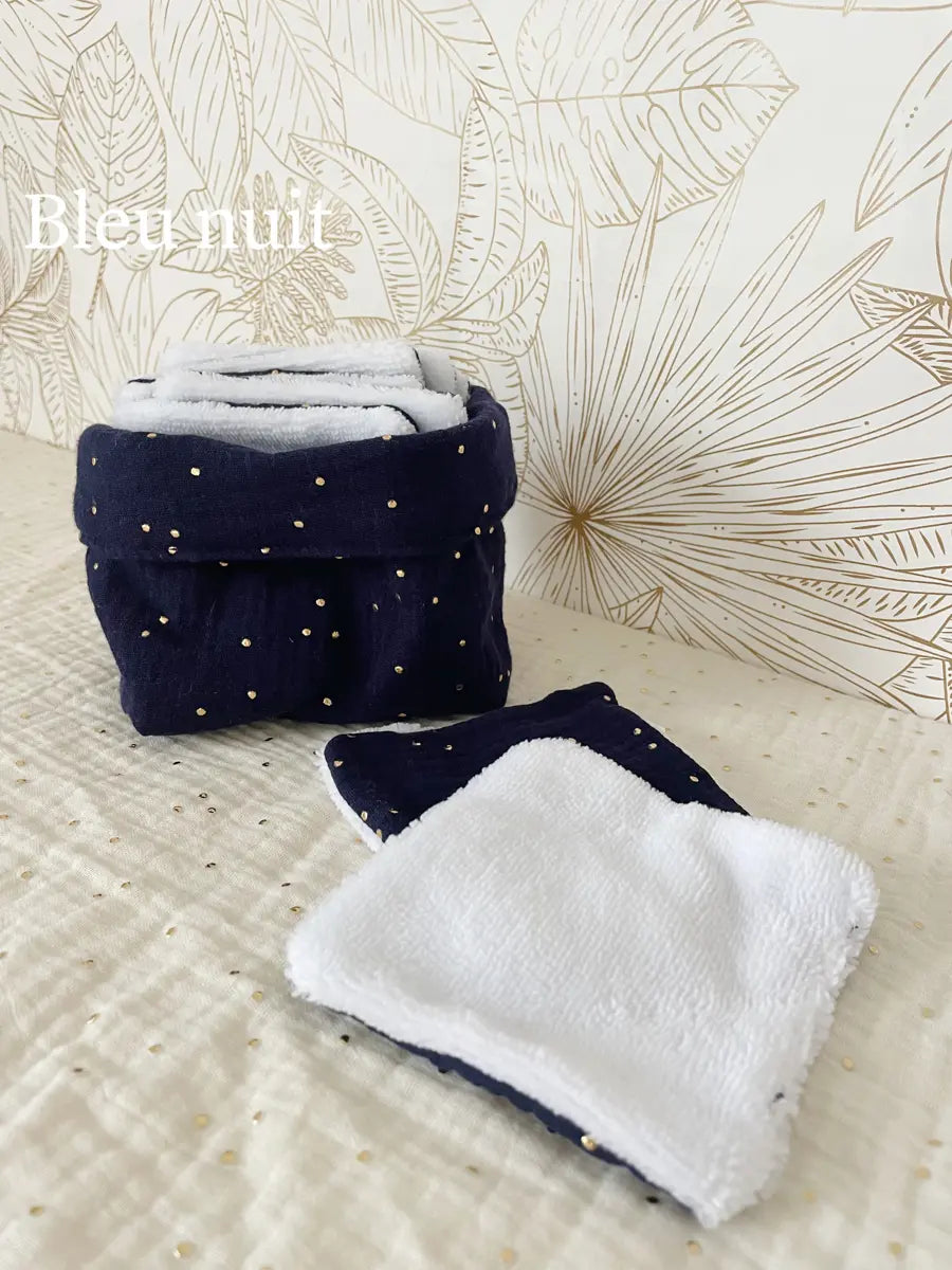 Ensemble assorti (double gaze) : la panière et ses 10 cotons - Bleu nuit