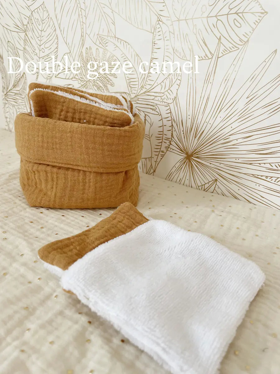 Ensemble assorti (double gaze) : la panière et ses 10 cotons - Double gaze camel
