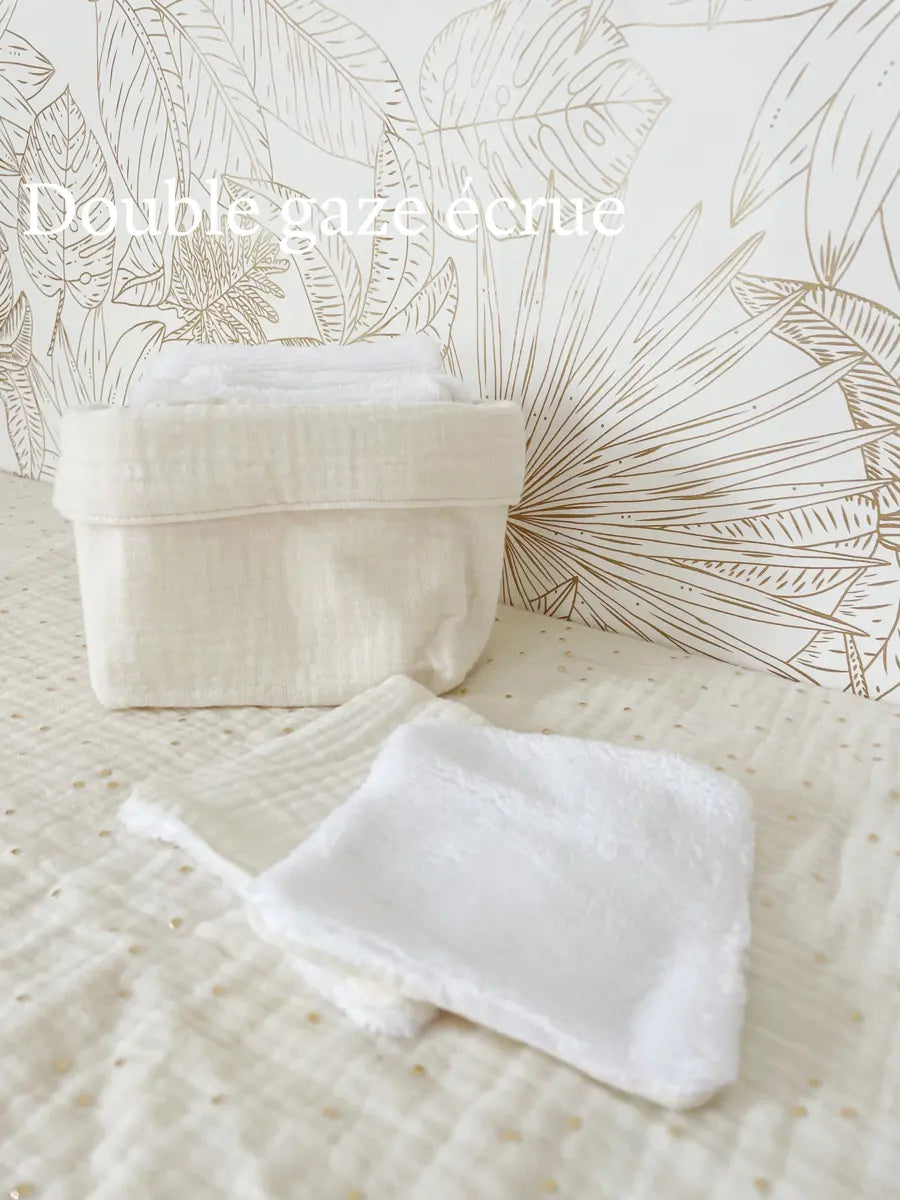 Ensemble assorti (double gaze) : la panière et ses 10 cotons - Double gaze écrue