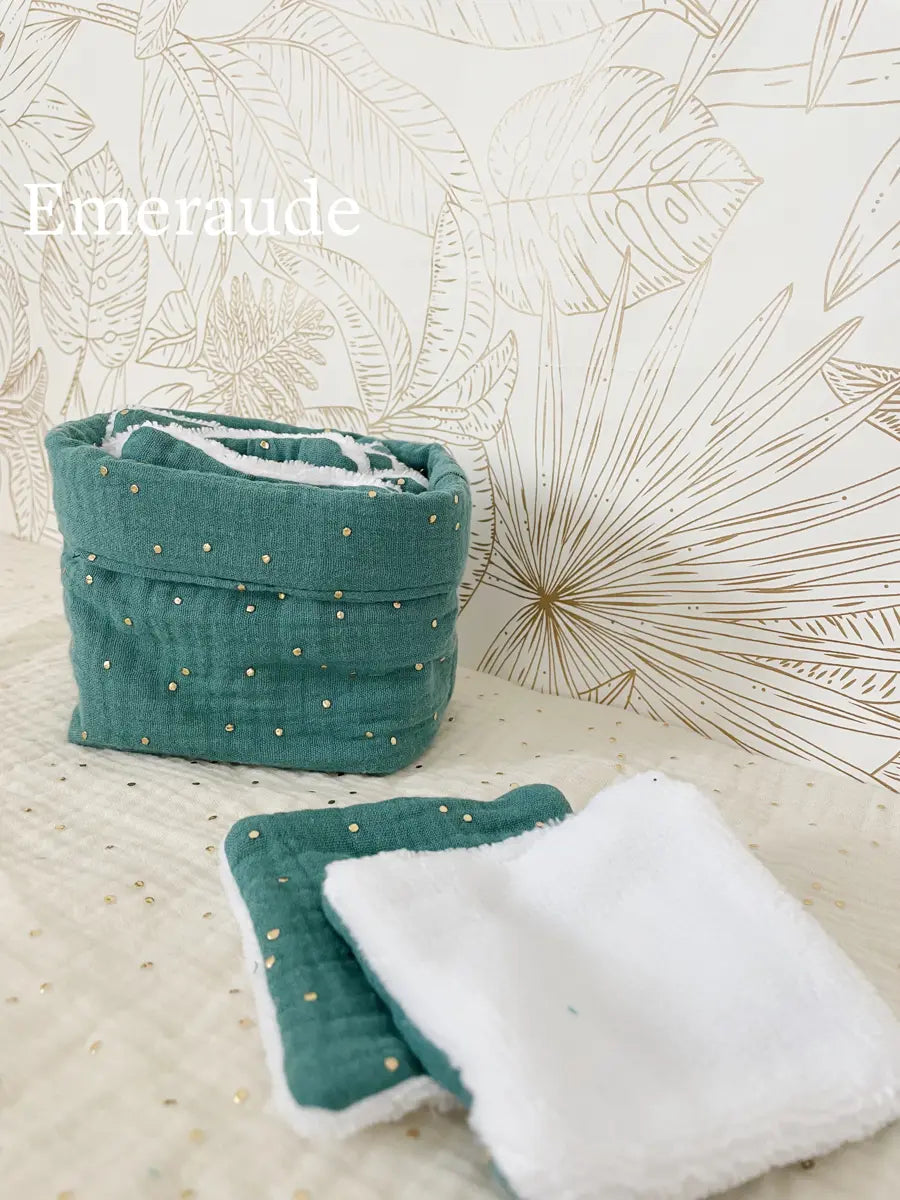 Ensemble assorti (double gaze) : la panière et ses 10 cotons - Emeraude