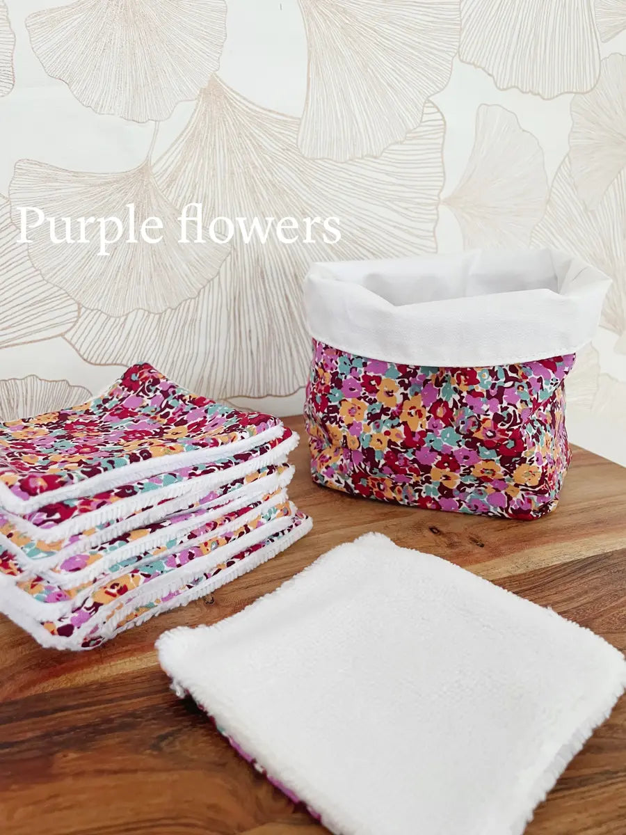 Ensemble assorti : la panière et ses 10 cotons - Purple flowers