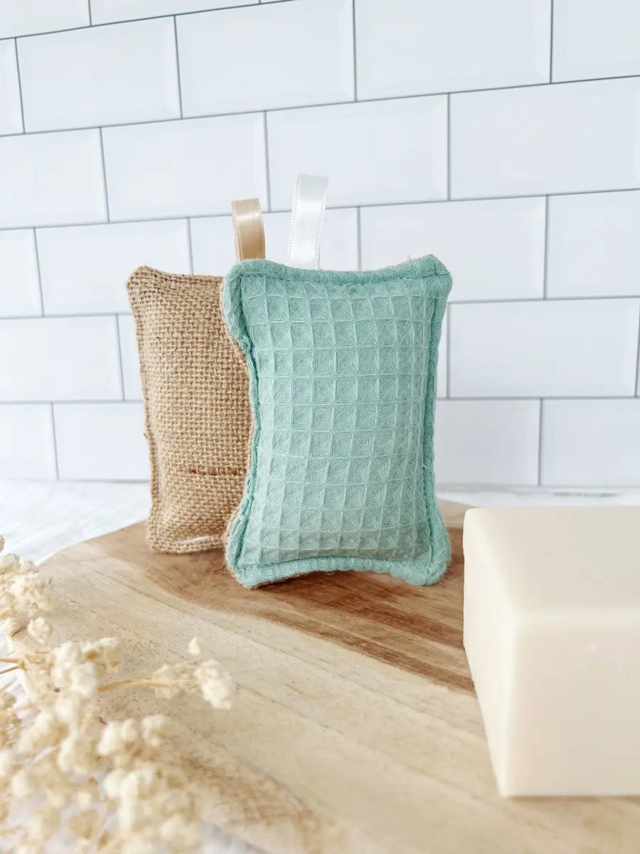 Eponge lavable TOILE DE JUTE - Nid d’abeille vert d’eau