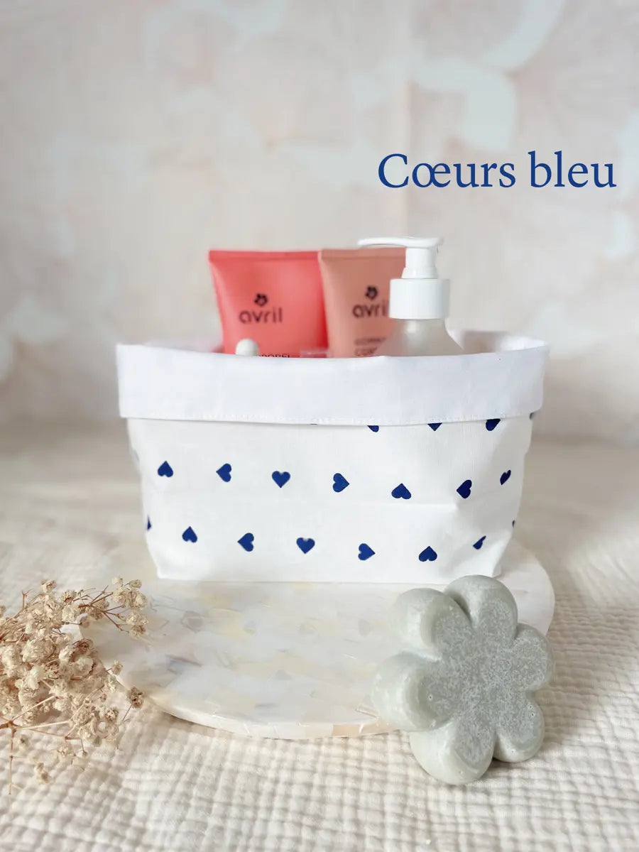Grande panière en tissu - Cœurs bleus