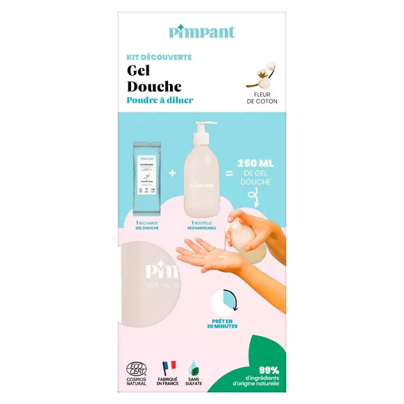 Kit gel douche en poudre à diluer avec sa bouteille - Pimpant - Fleur de coton