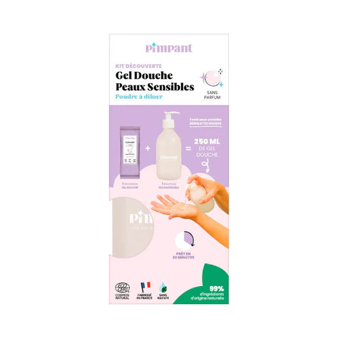 Kit gel douche en poudre à diluer avec sa bouteille - Pimpant - Peaux sensibles