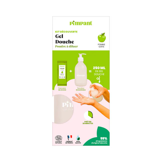 Kit gel douche en poudre à diluer avec sa bouteille - Pimpant - Pomme verte
