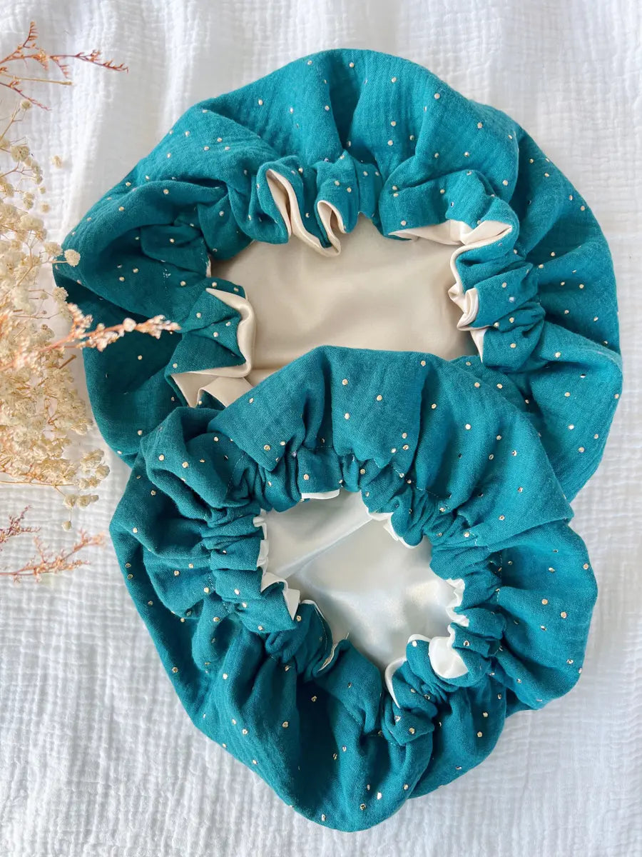Lot de 2 bonnets de soin Mère / Fille - Bleu paon
