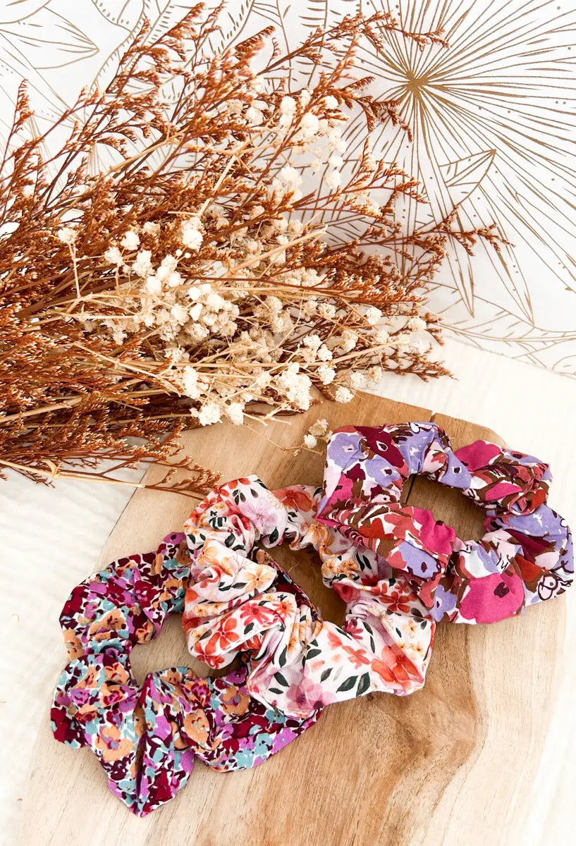 Lot de 3 chouchous coton imprimé - Brown flowers/Purple flowers/Adèle