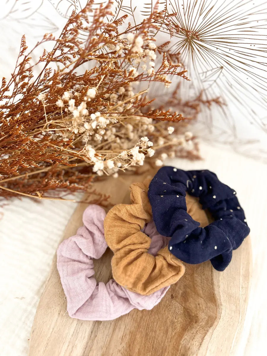 Lot de 3 chouchous double gaze - Bleu nuit/Double gaze camel/Double gaze lila