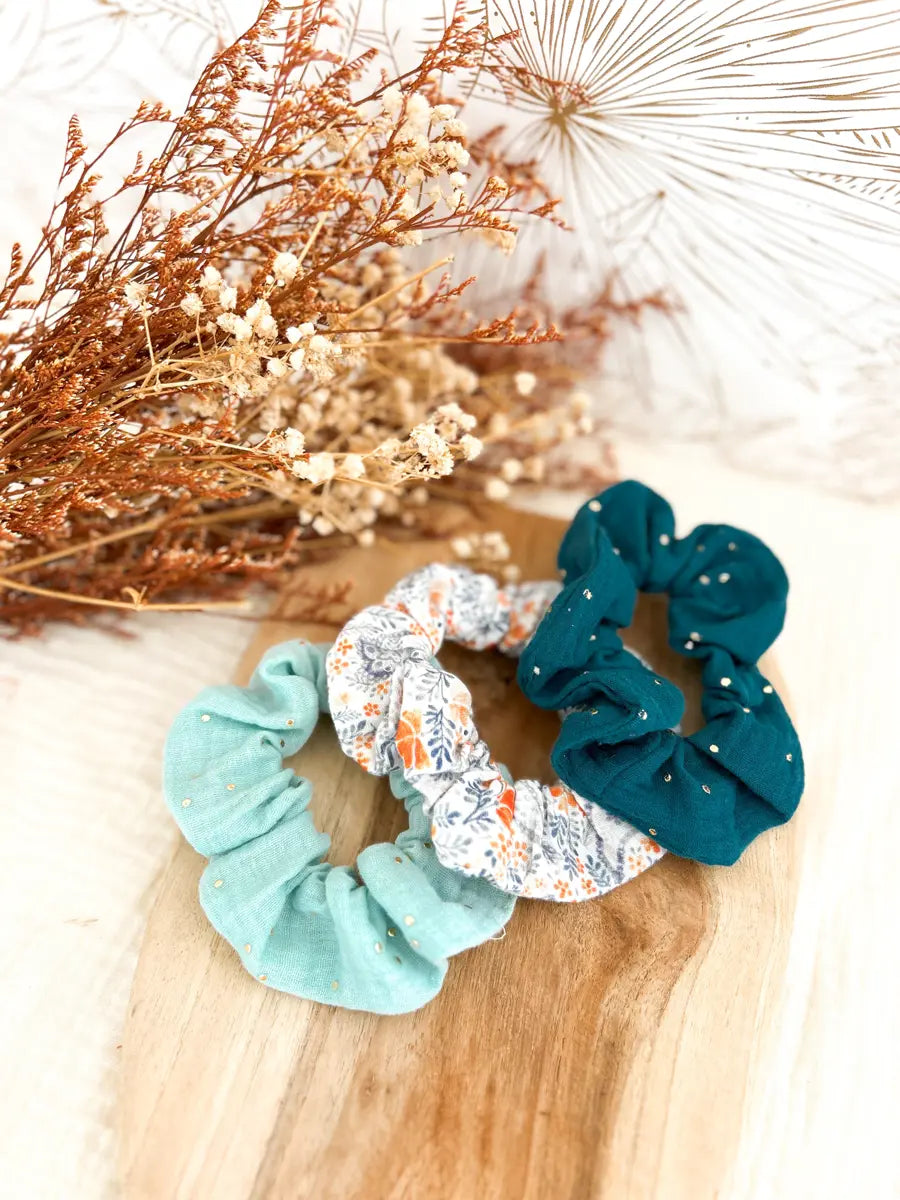 Lot de 3 chouchous double gaze - Cachemire/Bleu paon/Mint