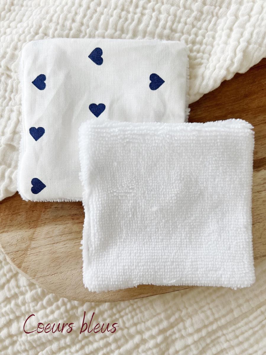 Lot de 5 cotons lavables en éponge bambou - Cœurs bleus