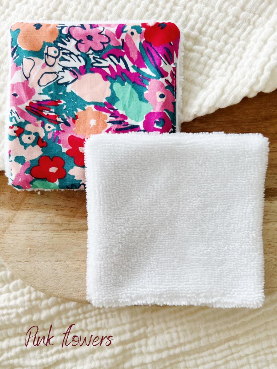 Lot de 5 cotons lavables en éponge bambou - Pink flowers