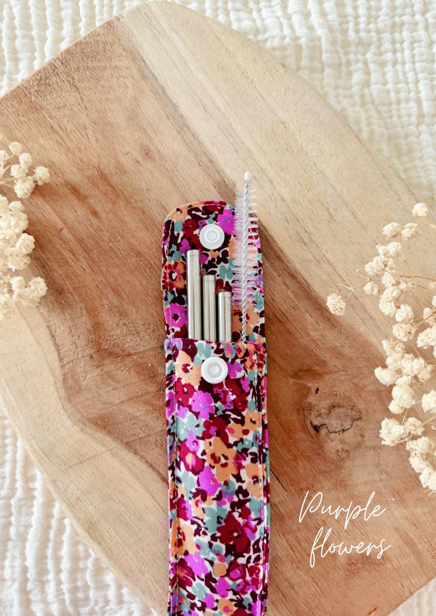 Lot de 3 pailles en inox fournies avec leur étui et un goupillon - Purple Flower