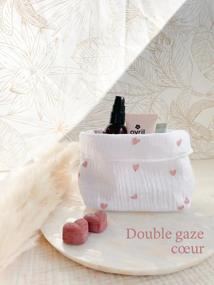 Petite panière en double gaze - Double gaze cœur rose