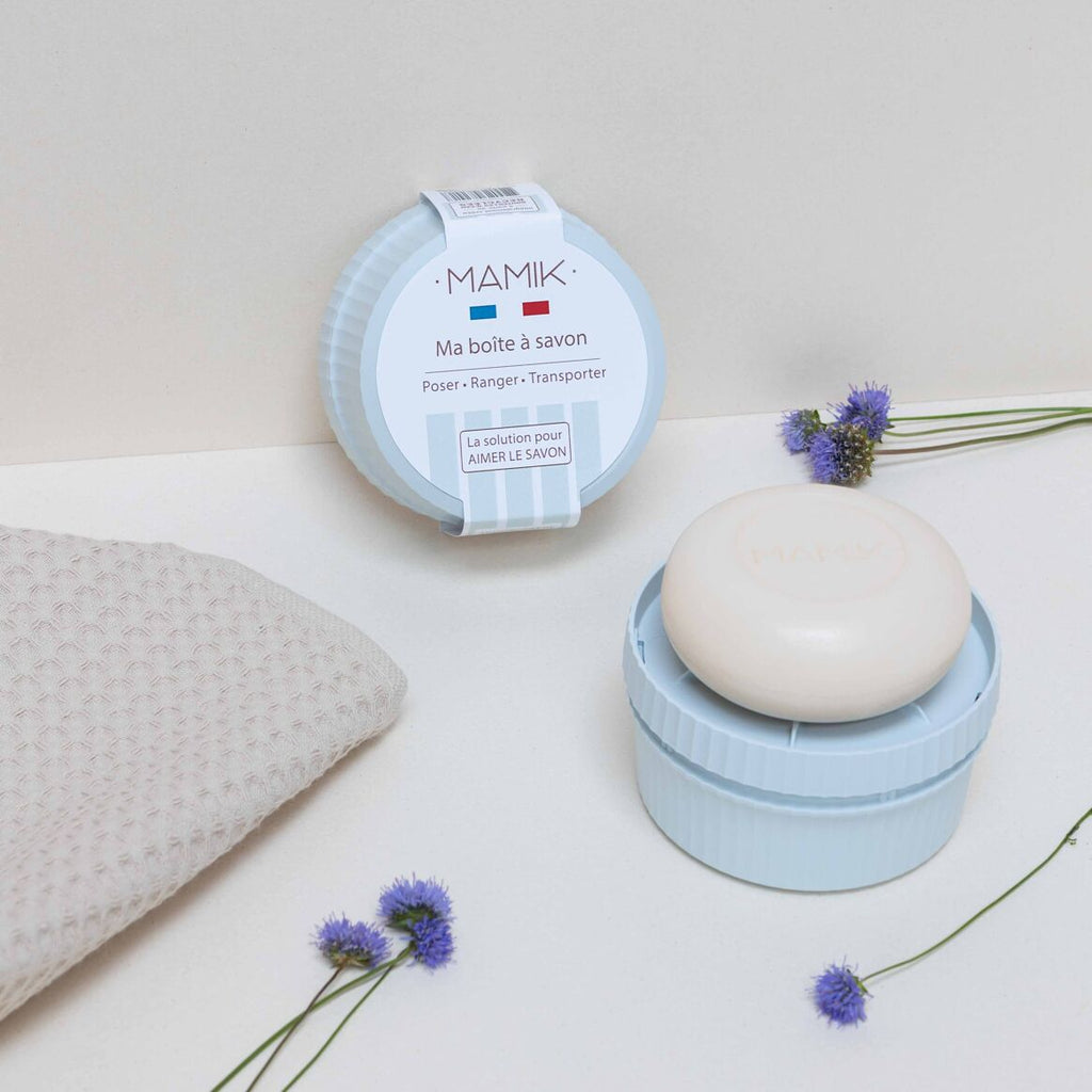 Porte savon / boîte à savon ronde - Mamik - Bleu gris