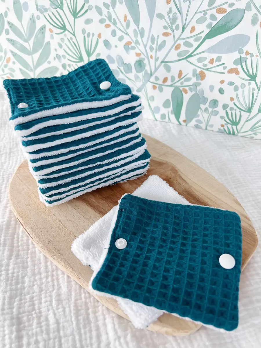 Rouleau de papier toilette lavable avec pressions (15 feuilles) - Nid d'abeille bleu paon