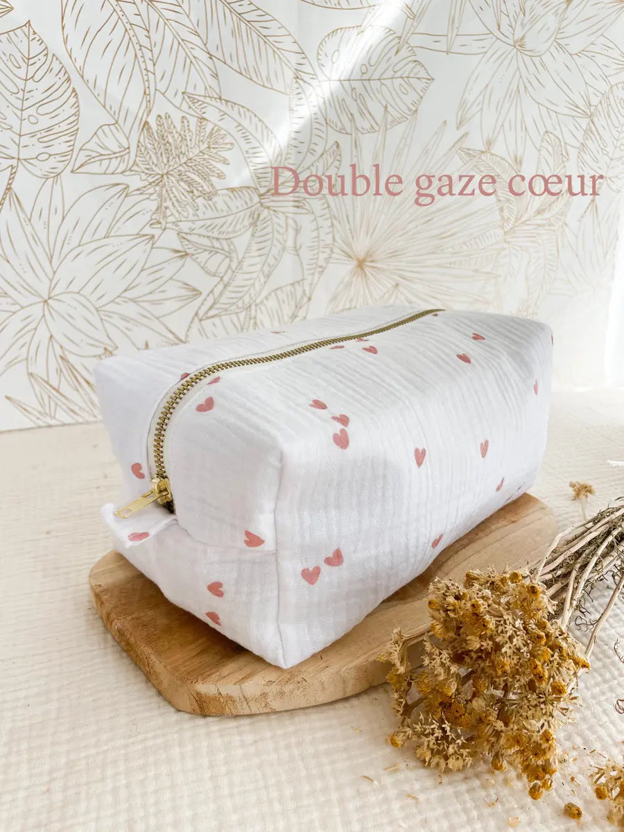 Trousse de toilette (intérieur imperméable) - Double gaze cœur