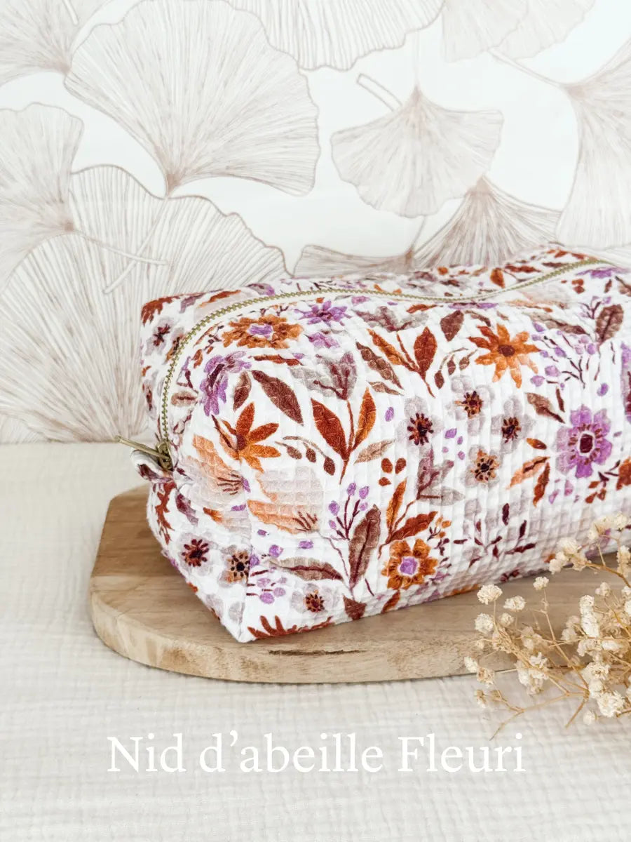 Trousse de toilette nid d'abeille (intérieur imperméable) - Nid d'abeille fleuri