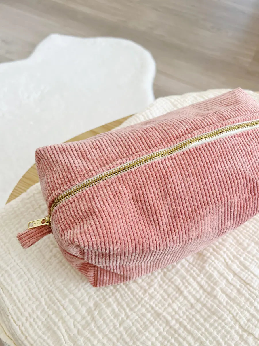 Trousse de toilette velours côtelé (intérieur imperméable) - Rose thé
